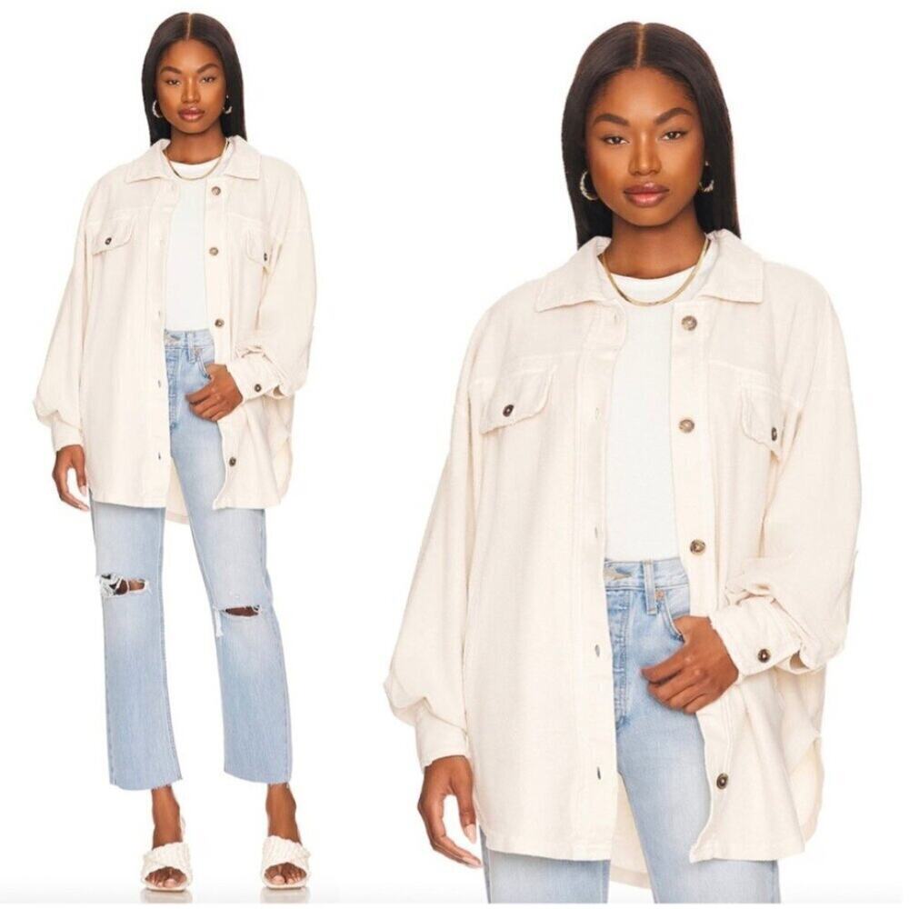 Free People Ruby Jacket Womens Medium Ivory Flannel Oversized Grunge Bohemian
